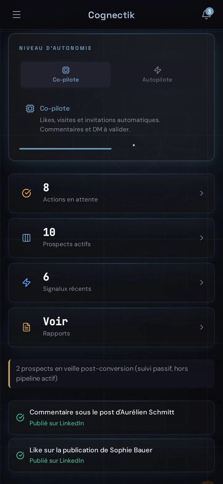 Dashboard Cognectik · système vivant · actions, prospects, signaux