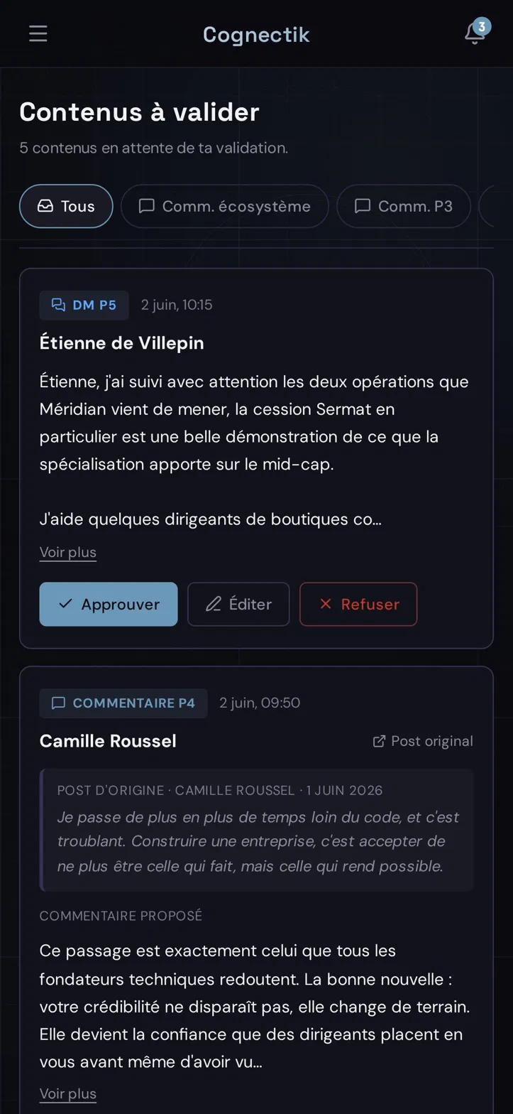 Phases 3 et 4 · file de contenus à valider